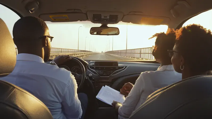 Illustration: from the back seat: the driver and two riders head along the road into the Island in the morning sun