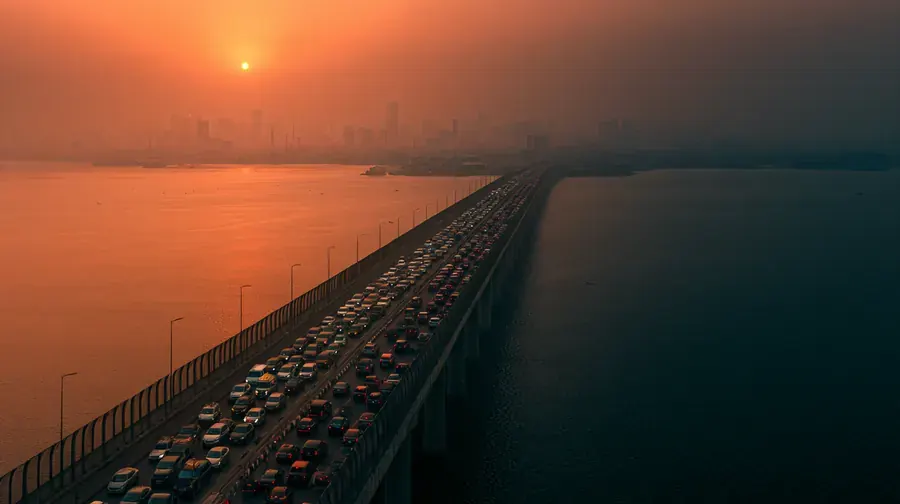 Illustration: aerial view of Third Mainland Bridge at sunrise, cars queued across the lagoon