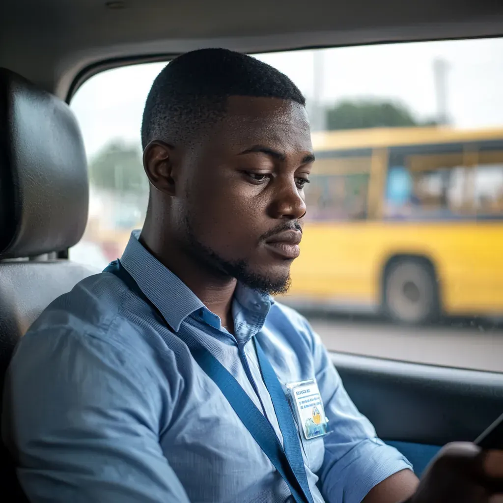Illustration: a driver in his car checks his phone before setting off, a yellow bus passing outside