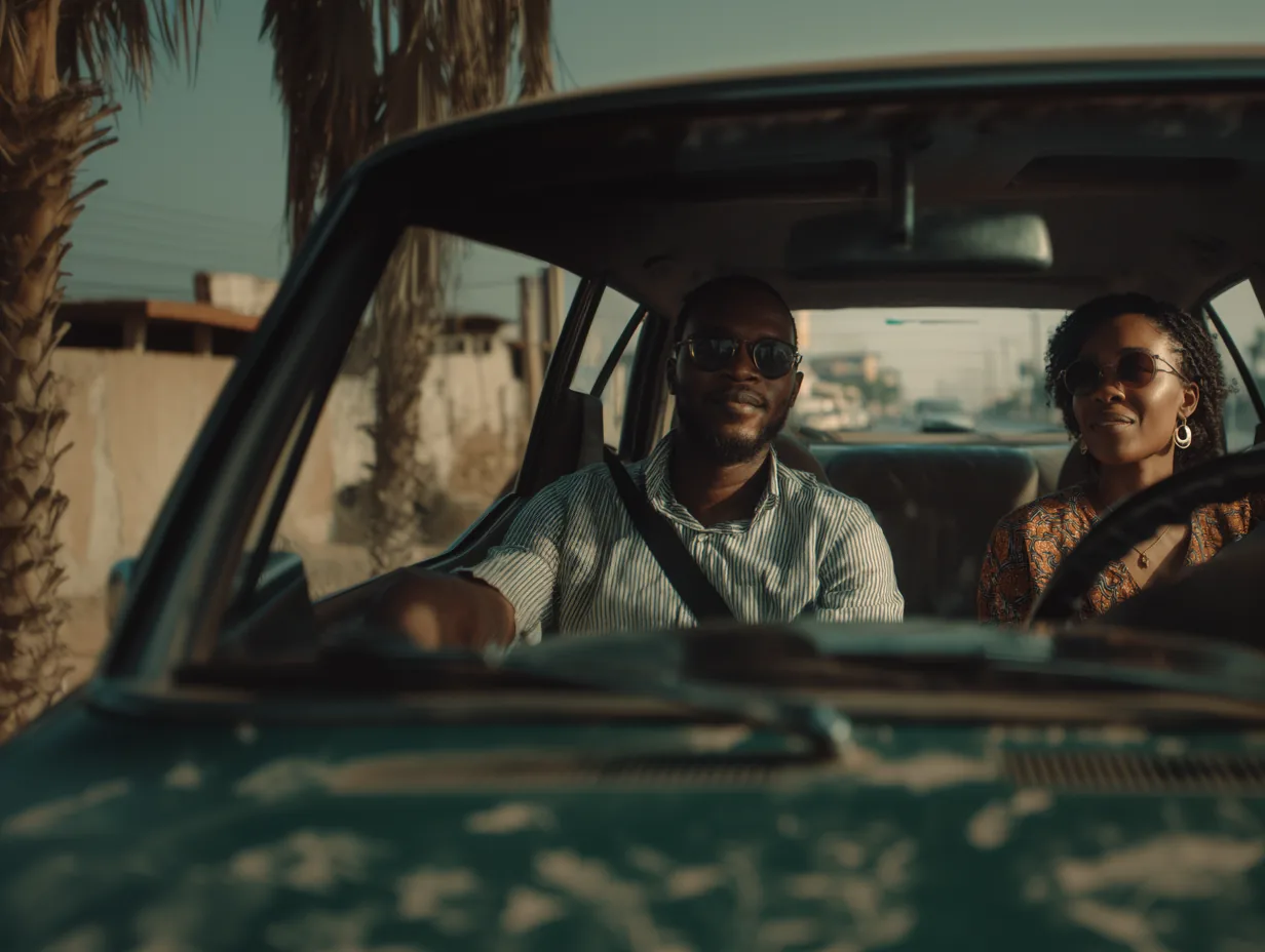 Two Lagos professionals smiling together in a shared car, with palm trees visible outside — representing the Ganusii carpooling community
